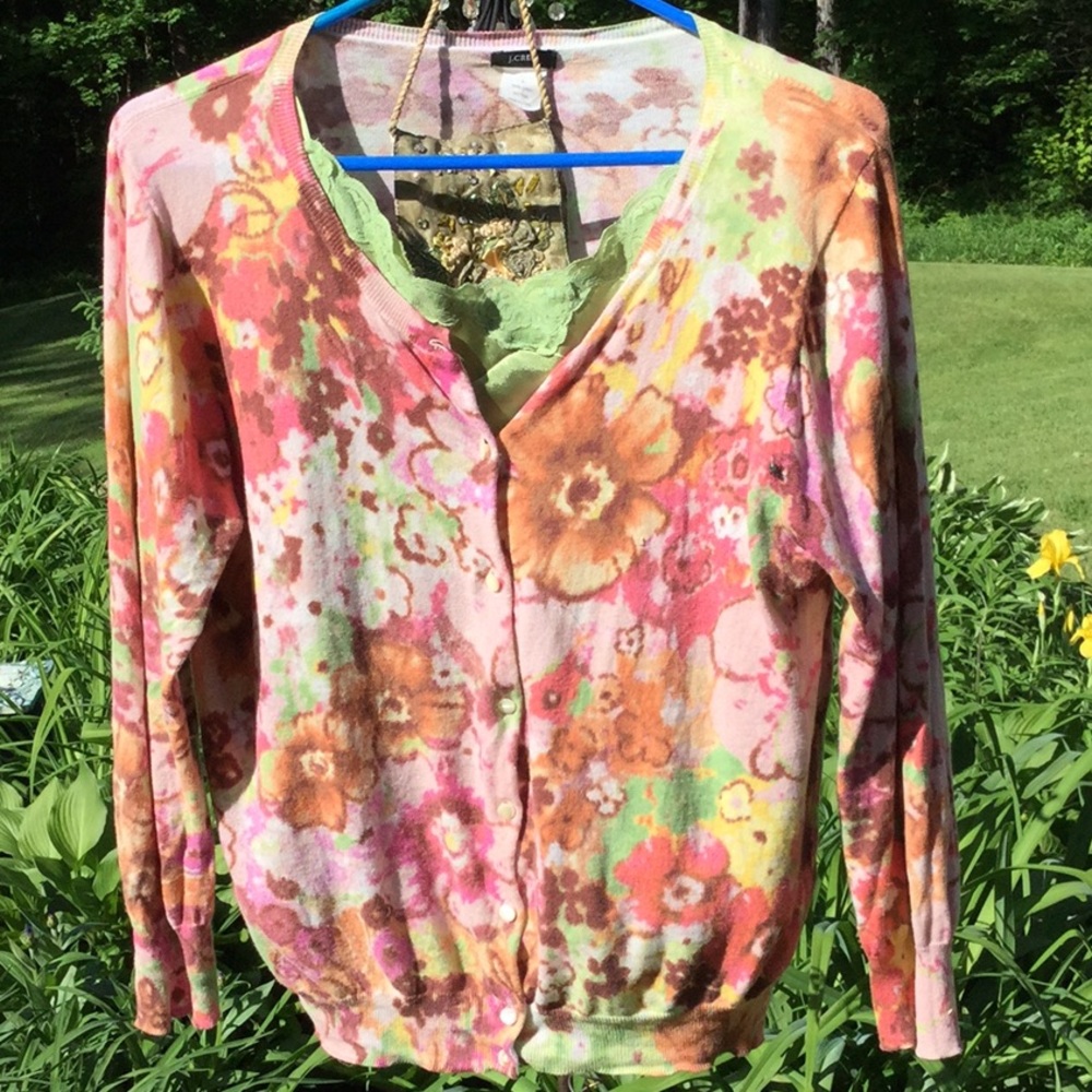 ⚓️  J CREW Cardigan Floral Pink Light Wt PEARL Button SWEATER EPLC  SZ M